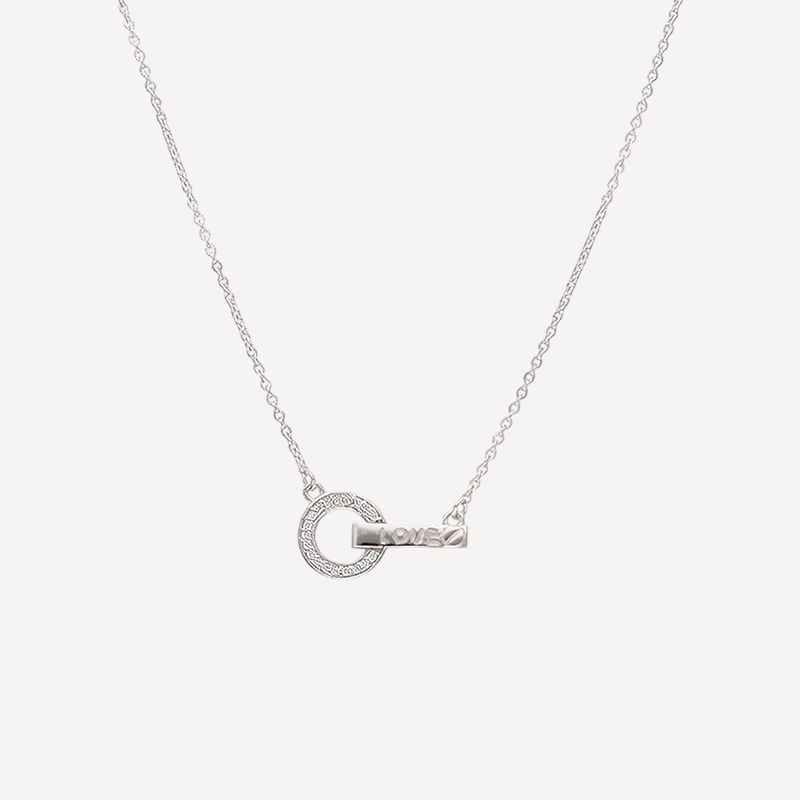 Silver Interlocking Love Necklace with Engraved Bar and Pave Circle Pendant