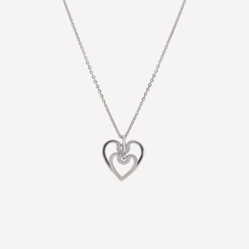 Twin Heart Charm Necklace Romantic Sterling Silver Pendant with Crystal Details