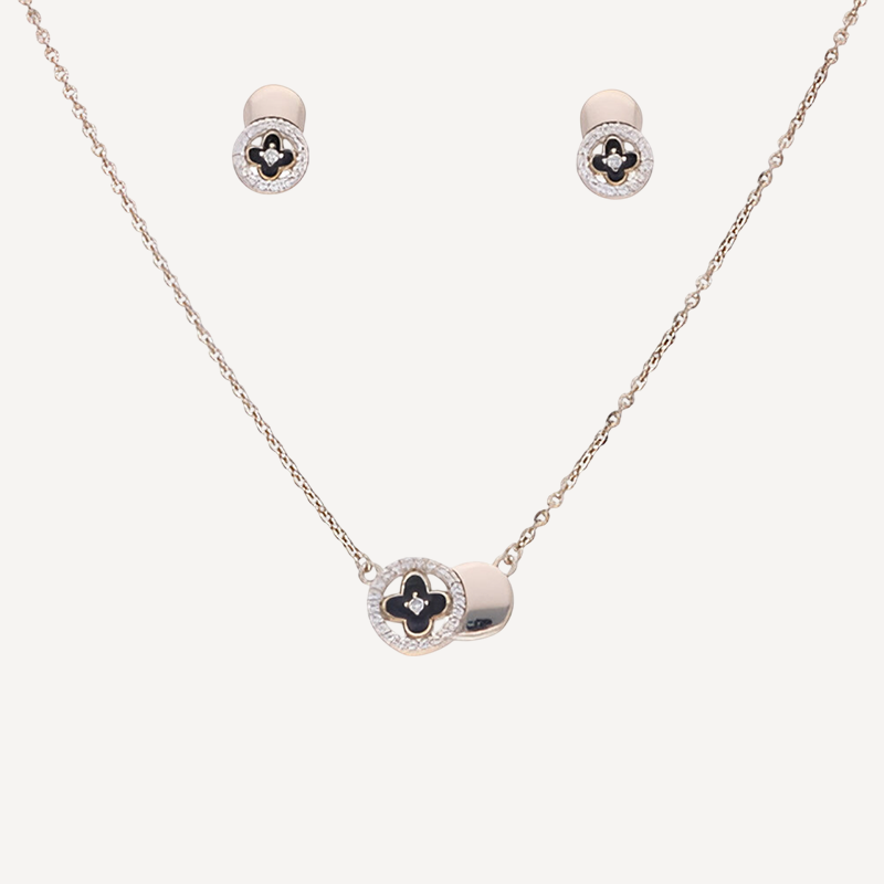 Elegant Gold-Plated Floral Jewelry Set with Black Enamel Accents and Cubic Zirconia Halo | Luxury Twin Bloom Necklace & Stud Earrings