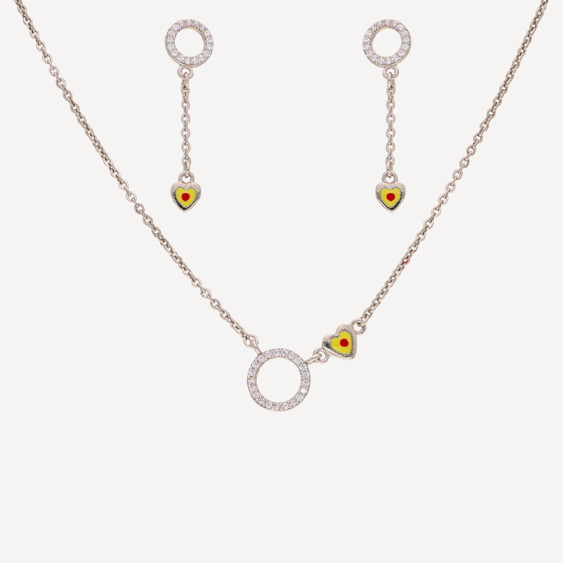 Necklace & Drop Earrings Set with Crystal Circle Pendant and Hand-Painted Heart Charms