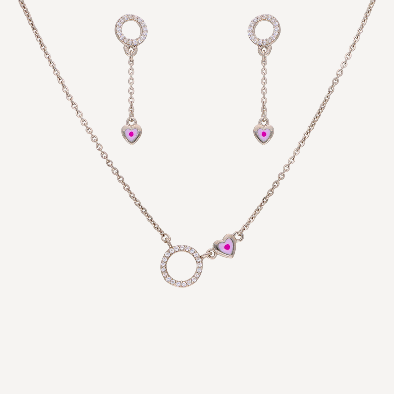 Necklace & Earrings Set with Crystal Halo and Pink Heart Charms