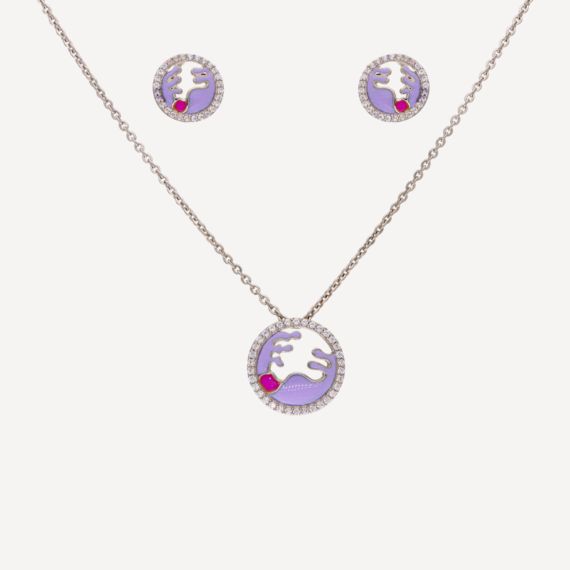 Whispers of Lavender, Crystal-Framed Silver Necklace & Earrings Set