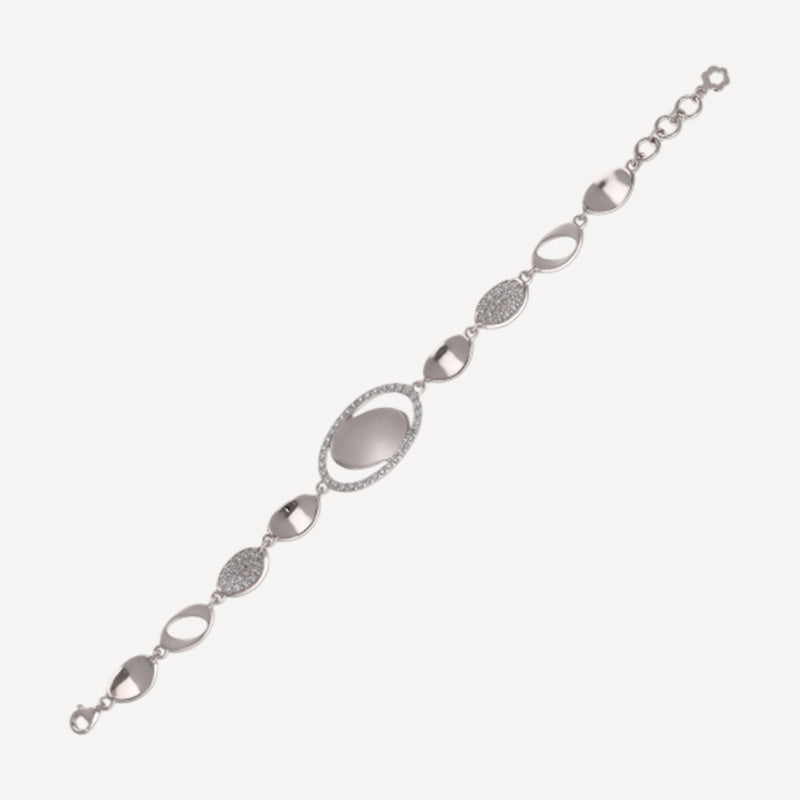 Elegant Silver Bracelet with Textured Ovals and Crystal Accents