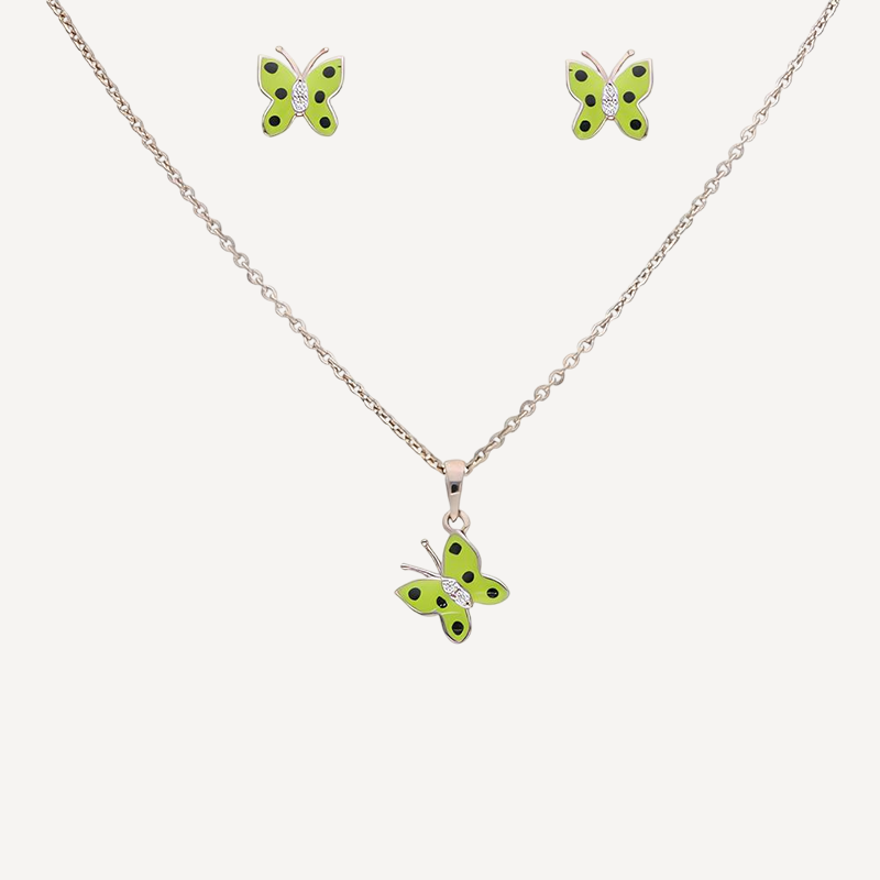 Green Enamel Pendant Necklace and Stud Earrings