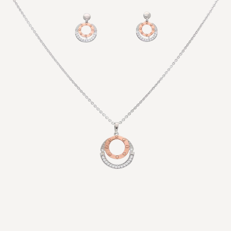 Pink Floral Enamel Pendant Necklace and Matching Stud Earrings