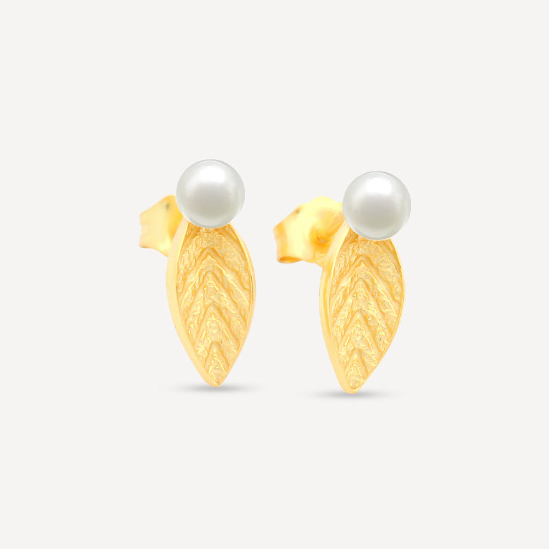 Gold-Plated Leaf Stud Earrings with Pearl Accent