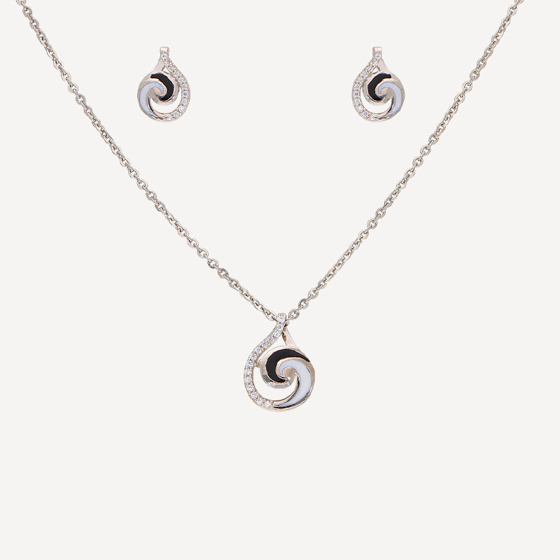 Swirl Teardrop Necklace & Earring Set – Silver with Enamel & CZ