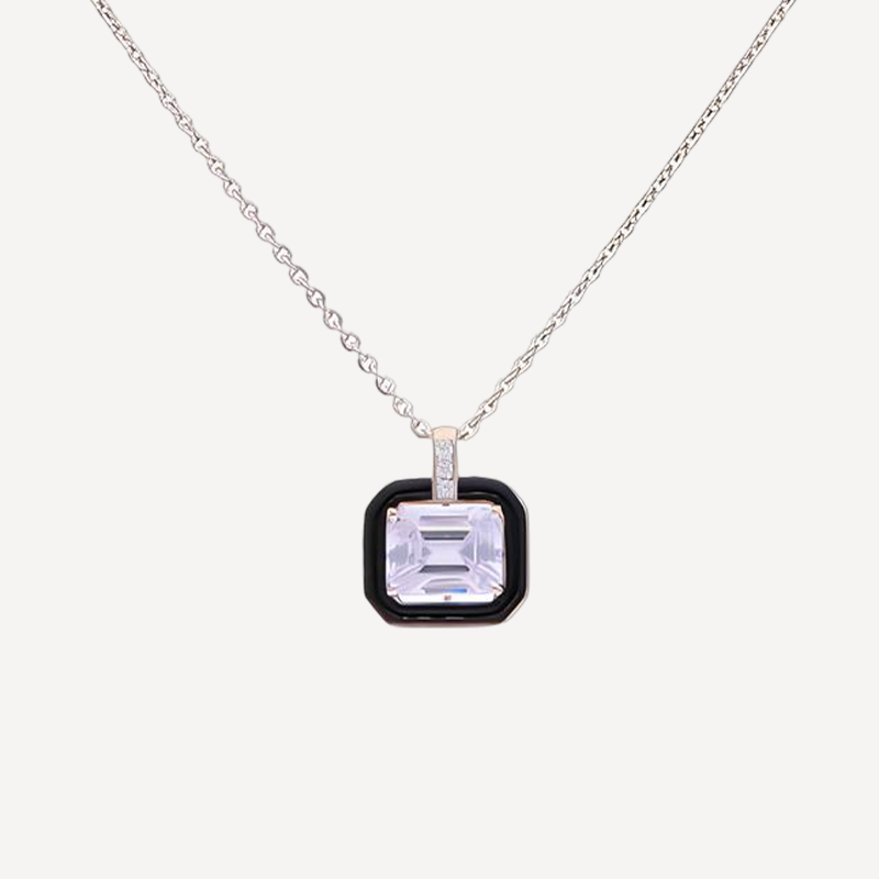 Women's Sleek Silver Pendant Necklace with Enamel Halo and Clear Emerald-Cut Centerpiece
