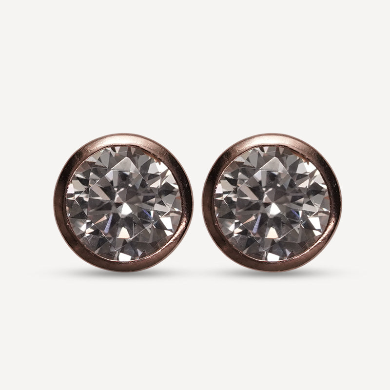 Rose Gold Bezel-Set Crystal Stud Earrings – Classic Round Design