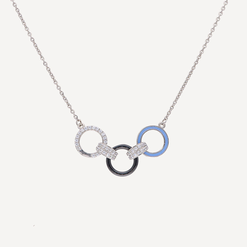 Elegant Interlocking Circle Pendant Necklace – Silver, Black & Blue Accents