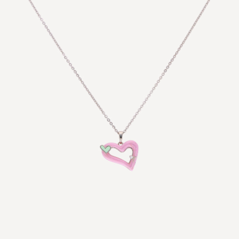 Cute Pink Enamel Heart Necklace with Mint Green Accent – Playful & Stylish