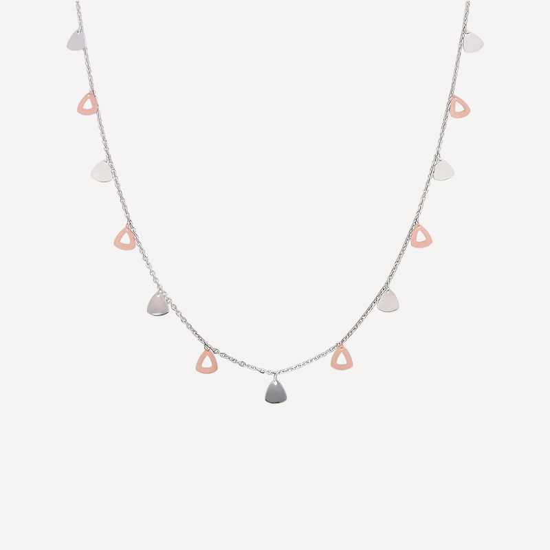 Dual Tone Teardrop Charm Necklace with Silver Chain and Mixed Finish Drops