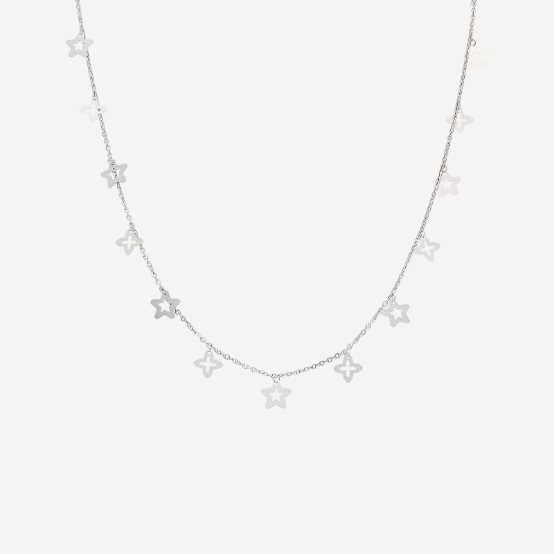Silver Star and Floral Charm Necklace with Delicate Chain and Cutout Motifs