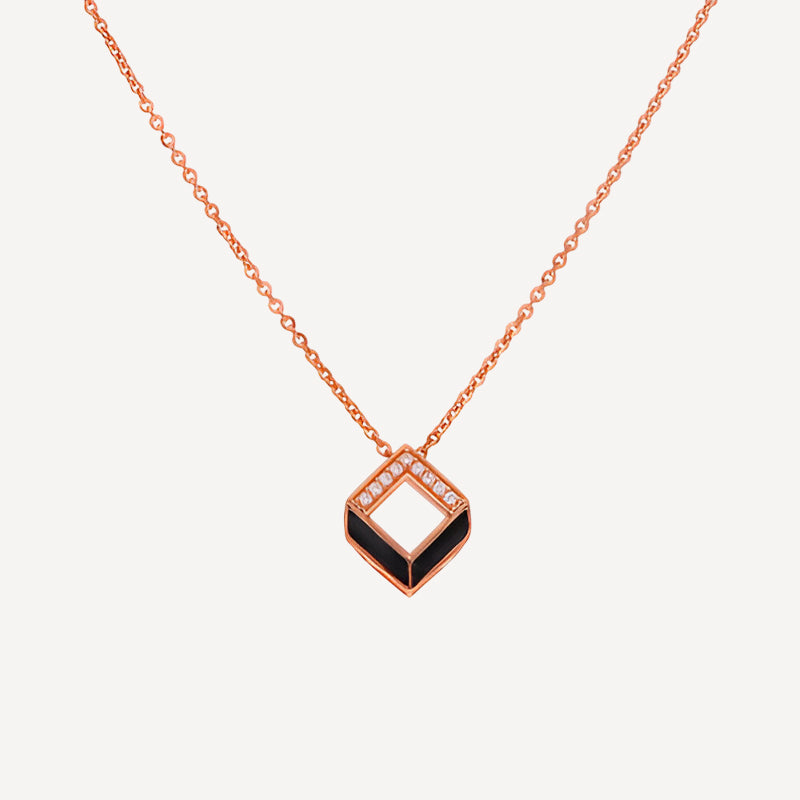 Coated Silver Geometric Pendant Necklace with Black Enamel & Crystals