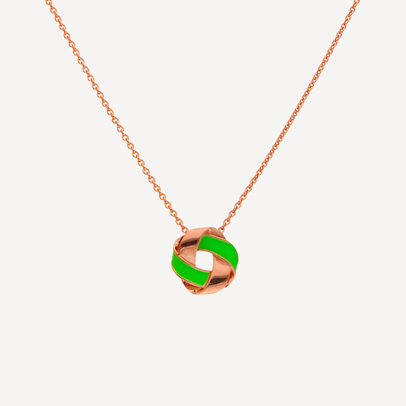 Rose Gold Knot Necklace with Green Enamel
