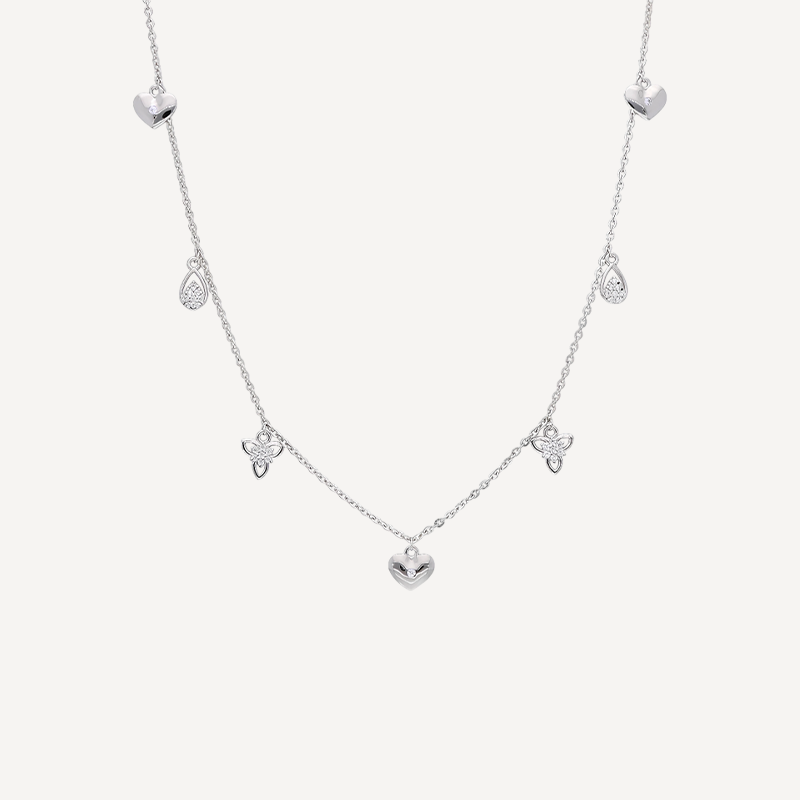 Sterling Silver Charm Necklace with Heart Teardrop Crystals and Butterfly