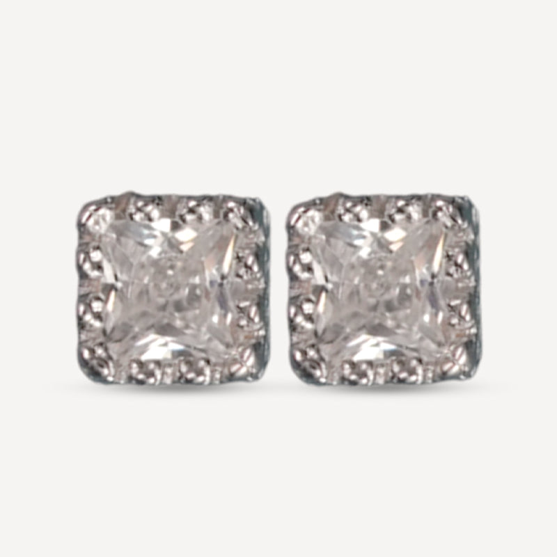 Square-Cut Crystal Stud Earrings – Halo Design in Silver Tone