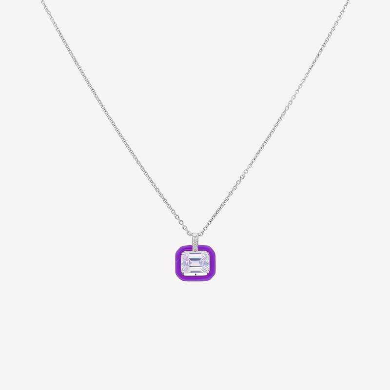 Women's Silver Chain Necklace with Radiant Clear Gemstone in Purple Enamel Square Pendant