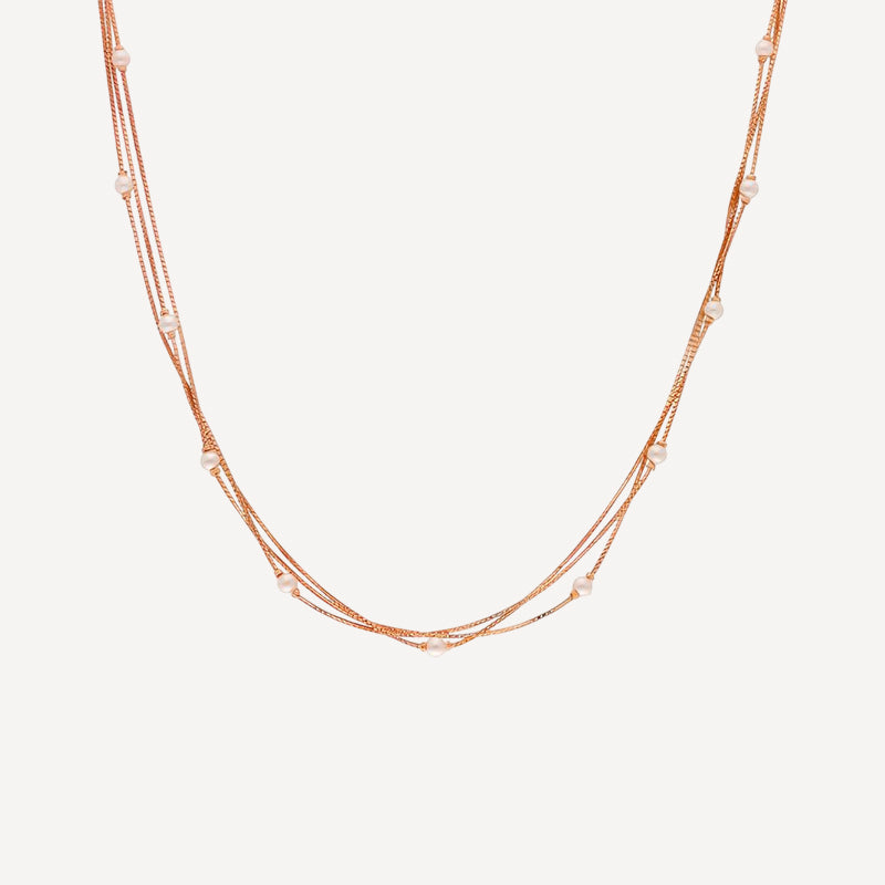 Multi-Strand Rose Gold-Plated Silver Necklace with Pearls