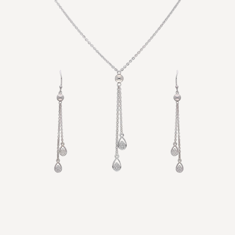Sterling Silver Jewelry Set with Necklace and Long Dual-Strand Chain Drop Earrings