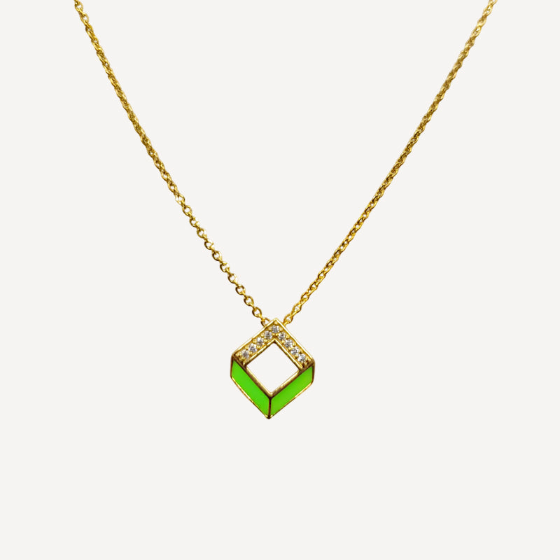 Gold-Plated Silver Necklace with Green Enamel Geometric Pendant
