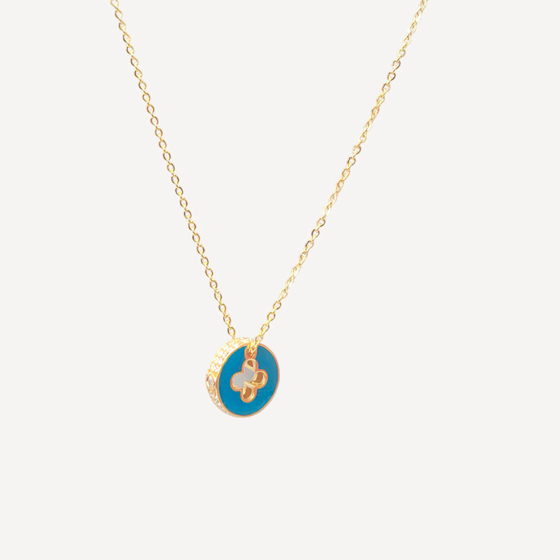 Gold-Coated Silver Round Pendant Necklace with Blue Enamel & Clover Charm