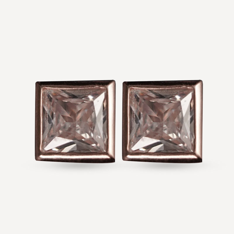 Rose Gold Square Crystal Stud Earrings – Princess Cut Bezel Design