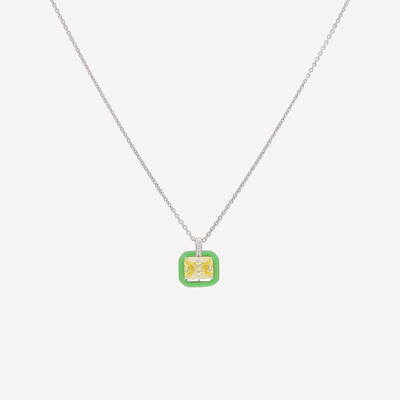 Contemporary Square Necklace with Yellow Emerald-Cut Stone and Green Enamel