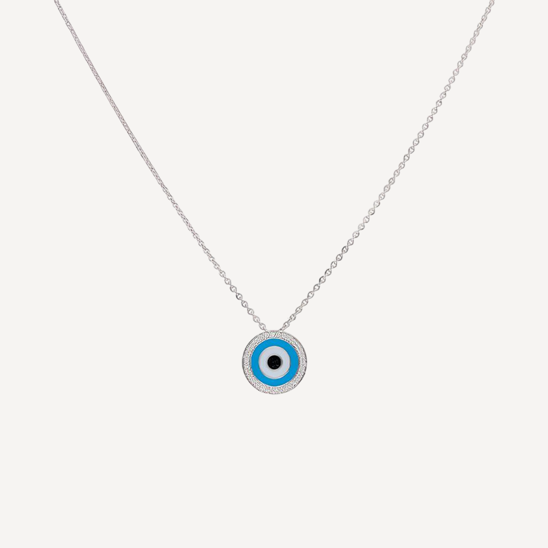 Circle of Light Evil Eye Necklace in Silver and Blue Enamel with CZ Border Charm