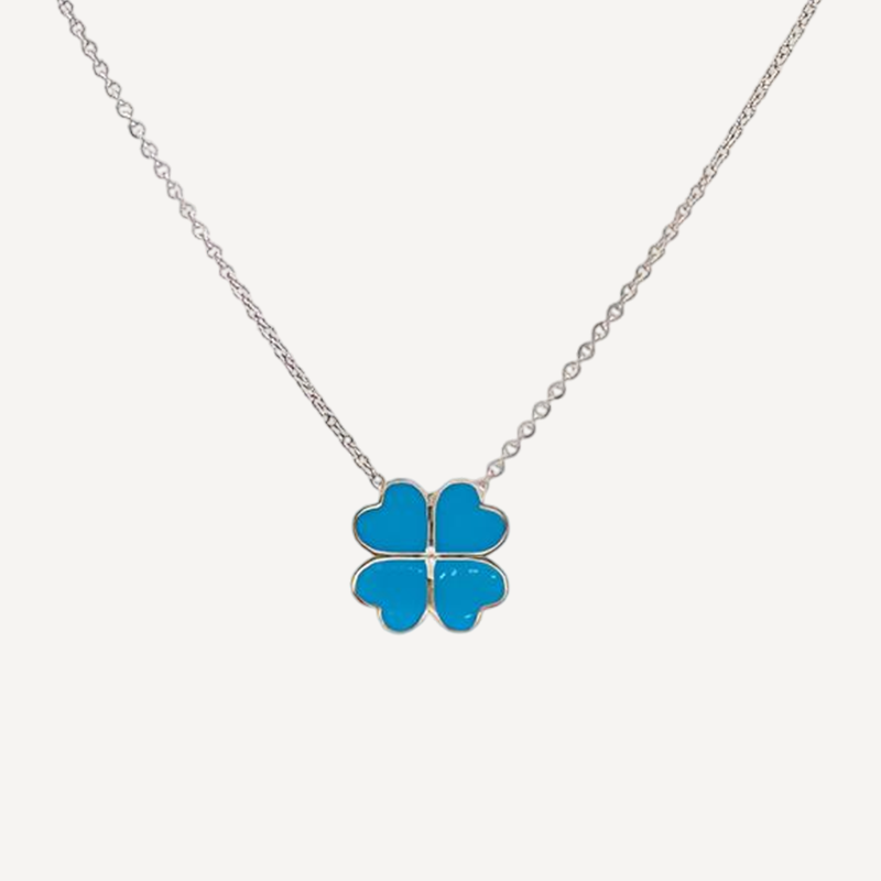 Lucky Clover Charm Necklace with Light Blue Enamel Pendant on Silver Chain
