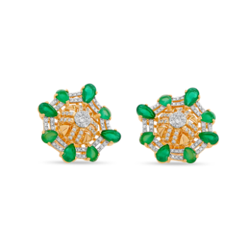 Green Emarald Diamond Earrings in 14K Yellow Gold