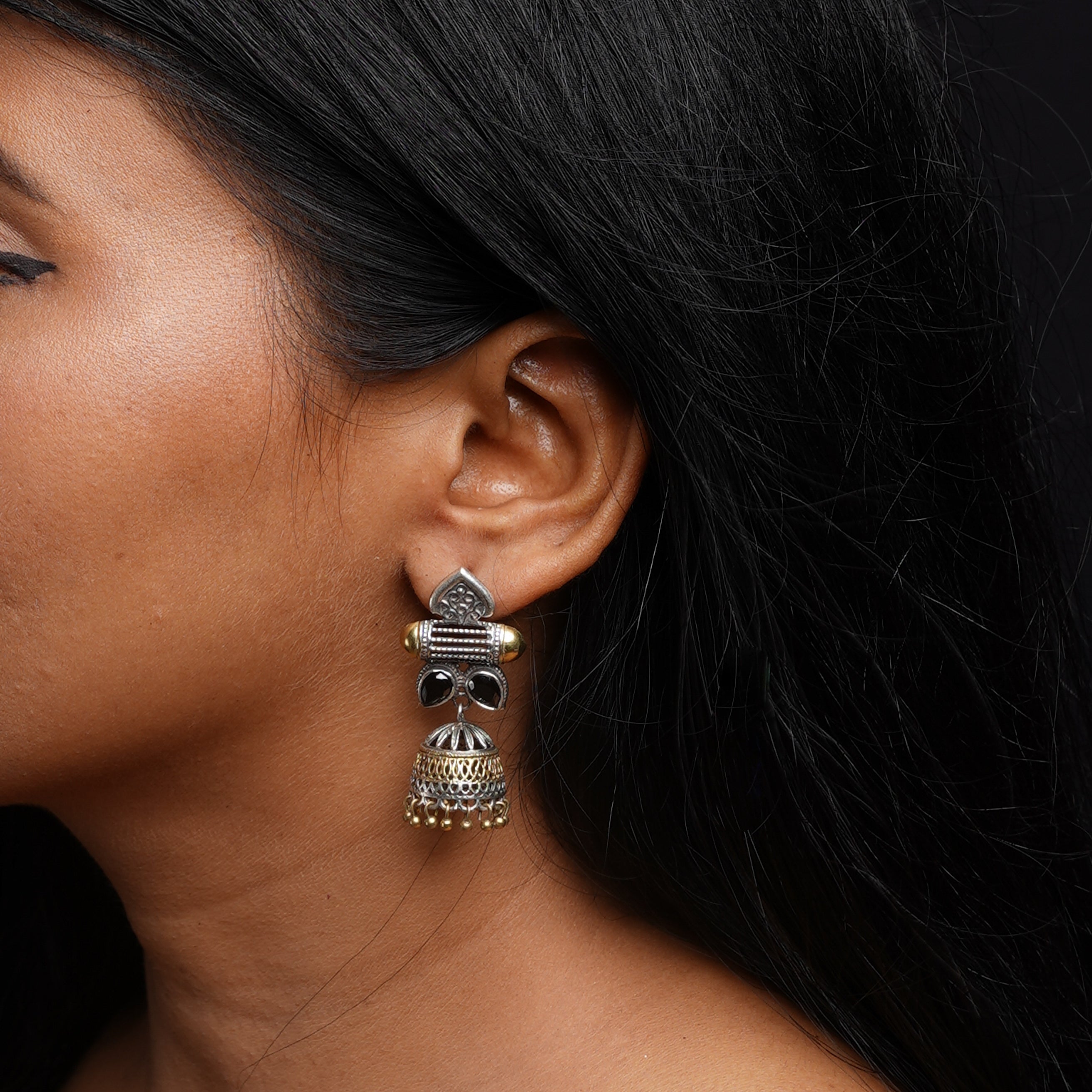 Taal- Silver Brass Oxidised jhumka earrings(Black)