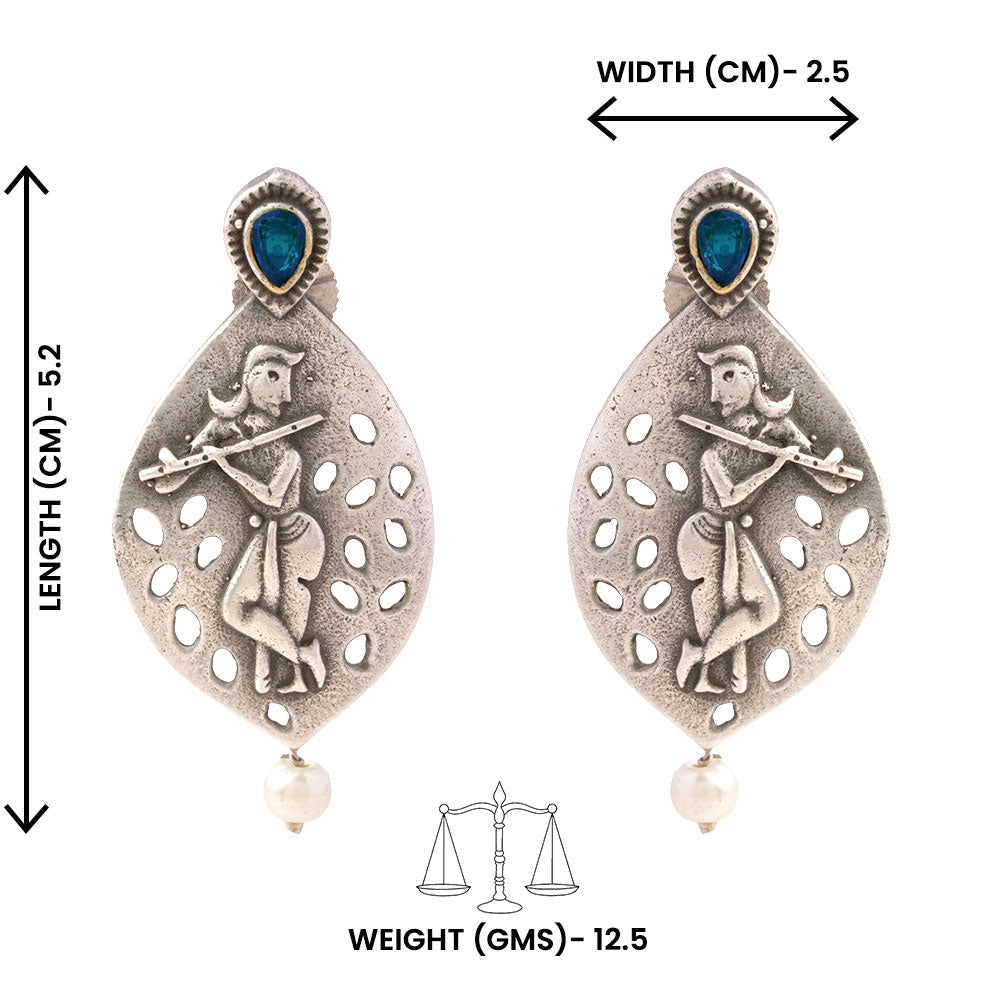 Kanha- Silver Brass Pearl dangler earrings(Blue)