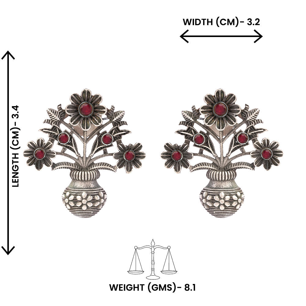 Pushp Kalash- Silver Brass Oxidised stud earrings(Red)