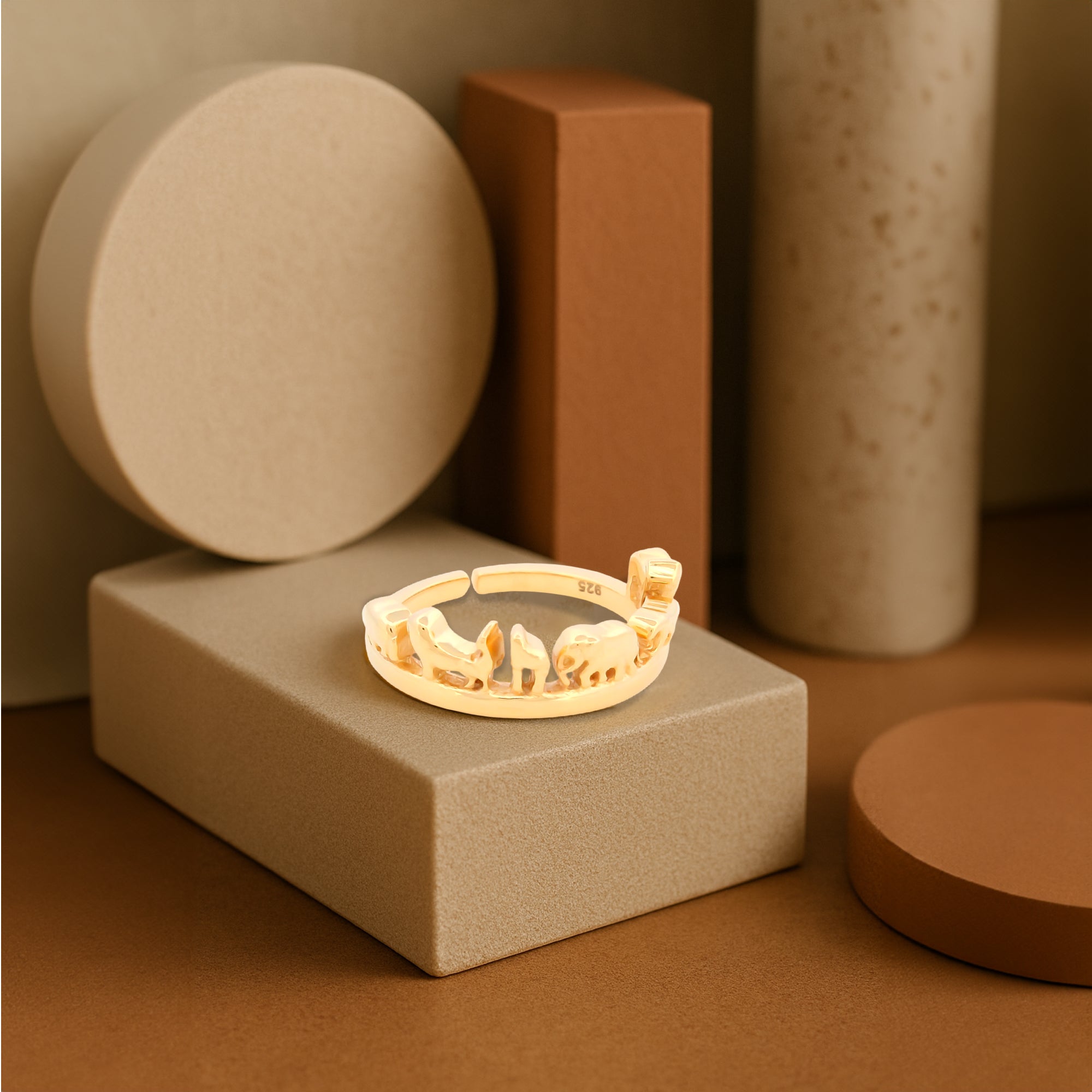 Gold Plated Finish with Intricate Elephant and Jungle Animal Cutout Design [Size-12, Adjustable]