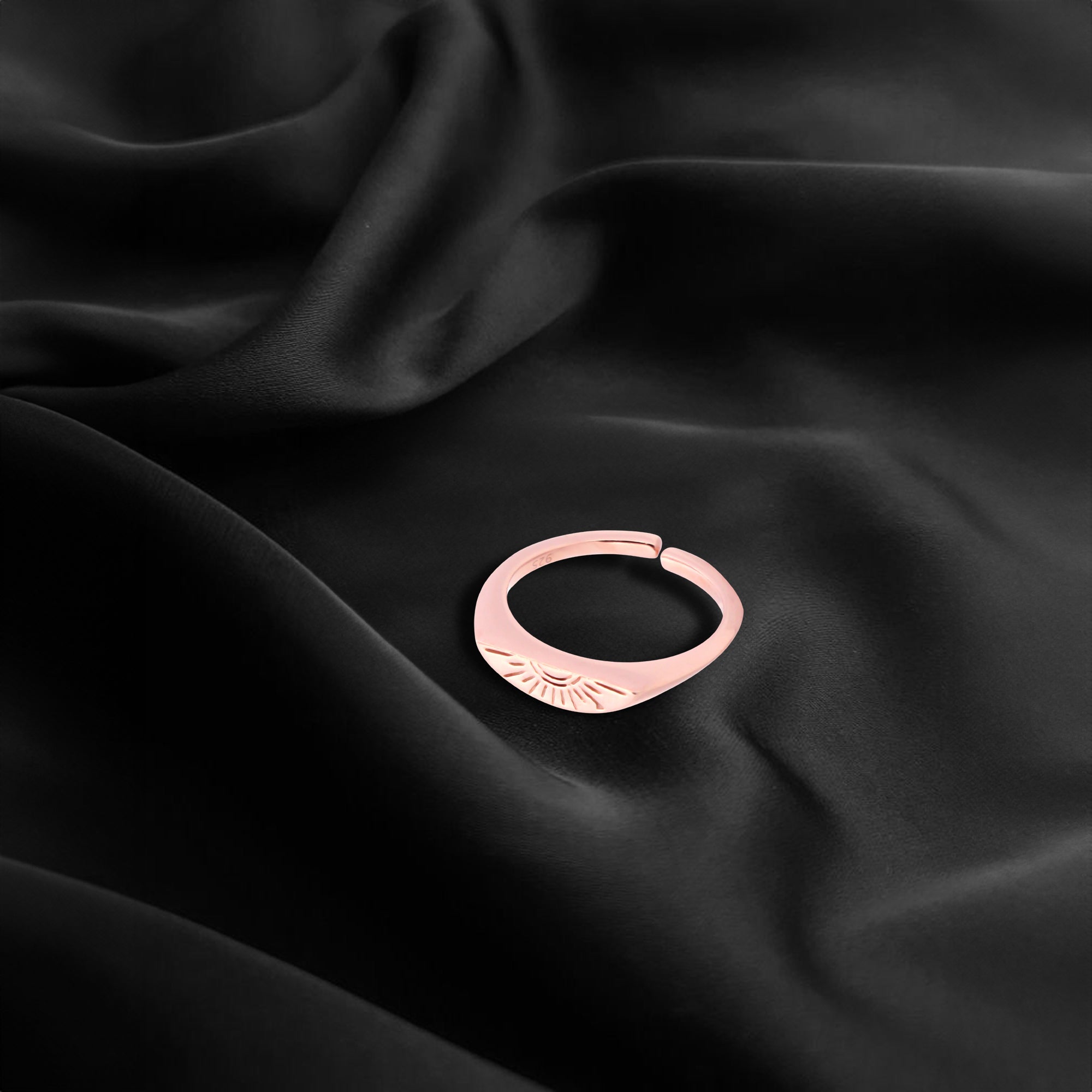 Rose Gold Plated with Engraved Sun Design, Minimalist Open Band [Size-12.5, Adjustable]