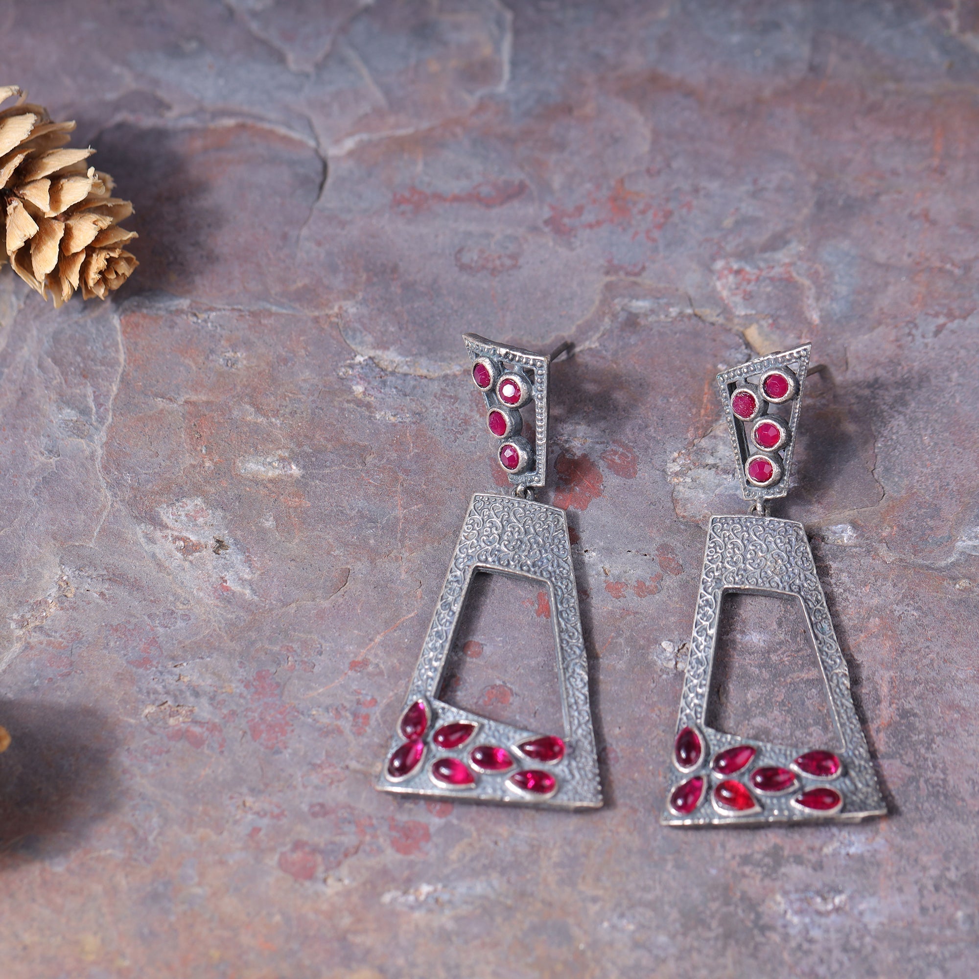 Vakrini- Silver Brass Oxidised dangler earrings