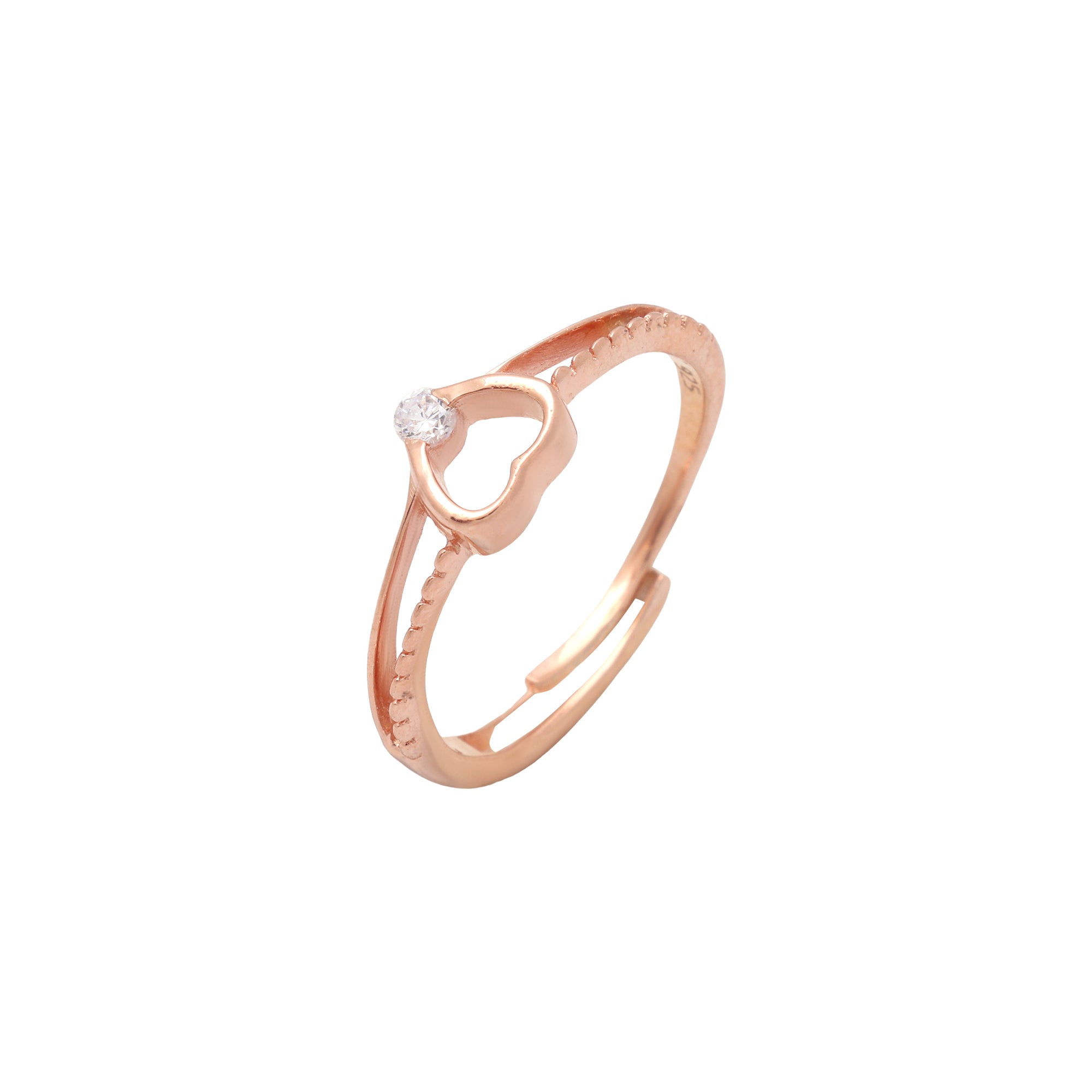 Rose Gold Heart Adjustable Ring in 925 Sterling Silver with Solitaire CZ