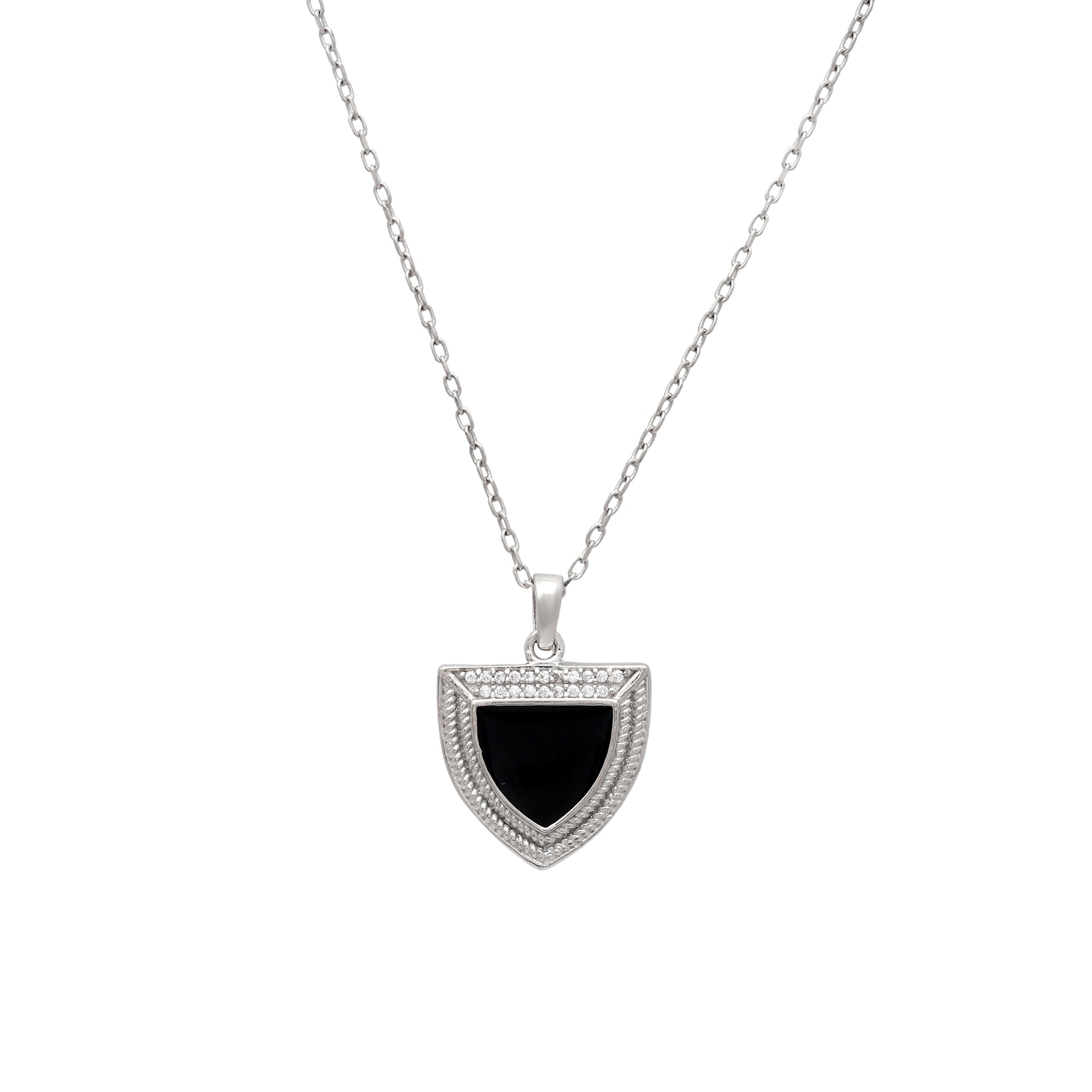 Black Shield Pendant Necklace in 925 Sterling Silver with CZ Border