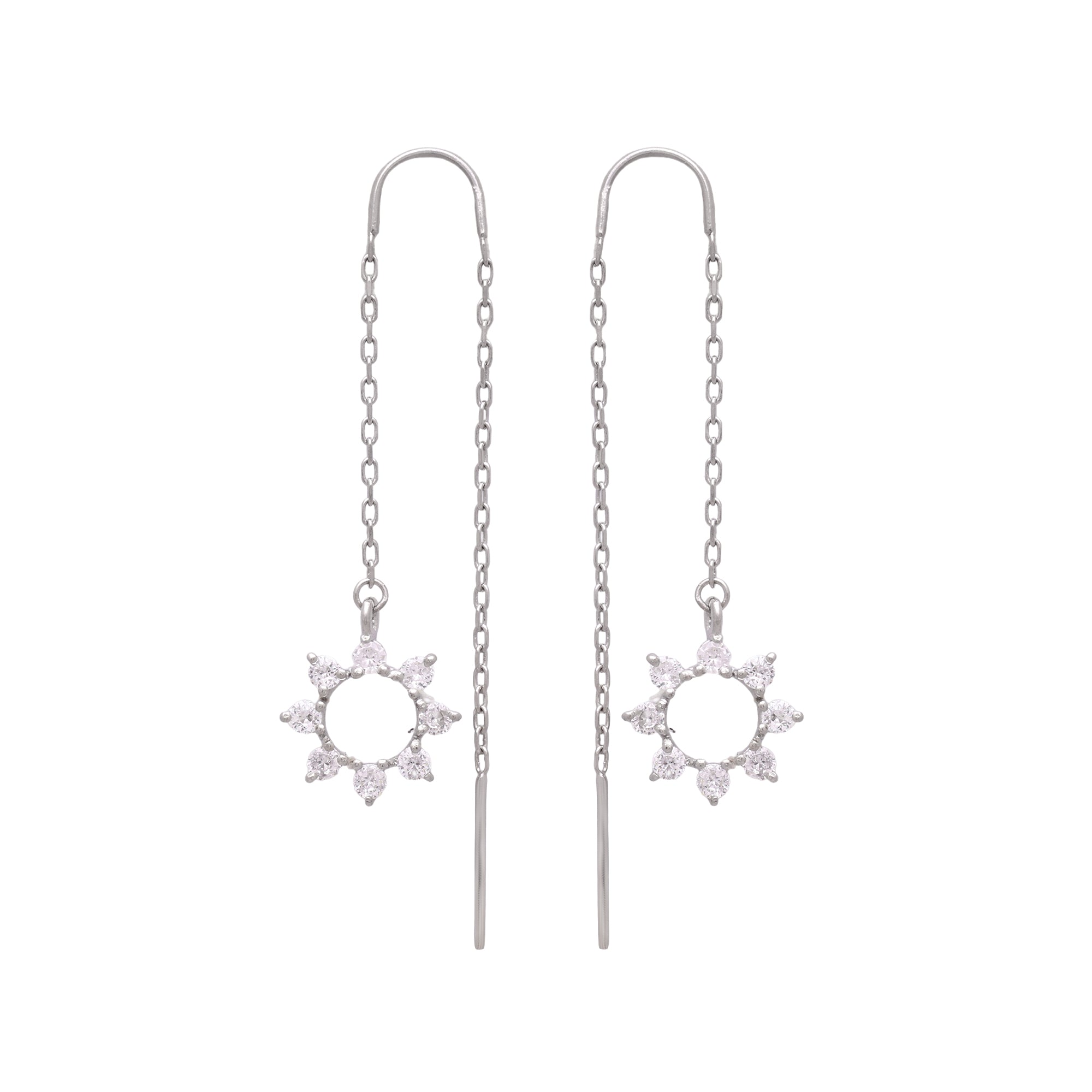 925 Sterling Silver Sunburst Chain Drop Earrings with Crystal Accents