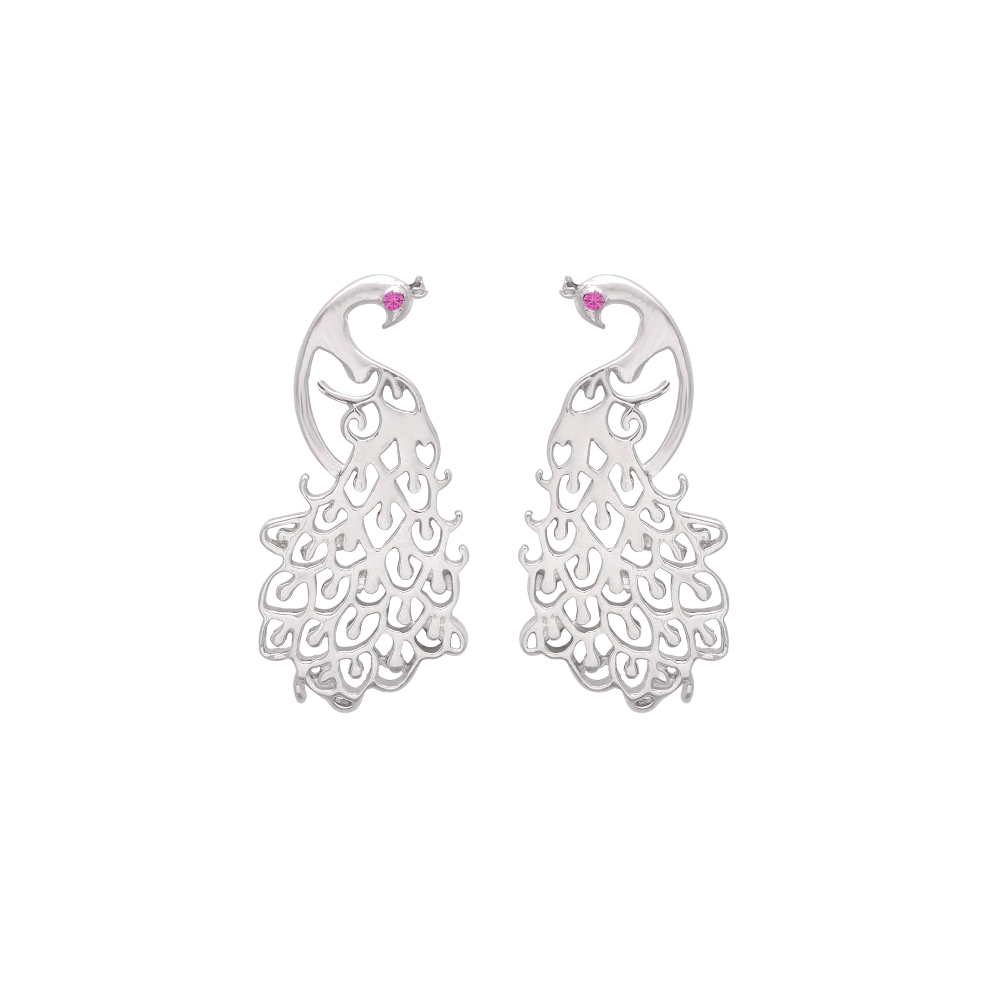 925 Sterling Silver Peacock Motif Stud Earrings with Pink Stone Accent