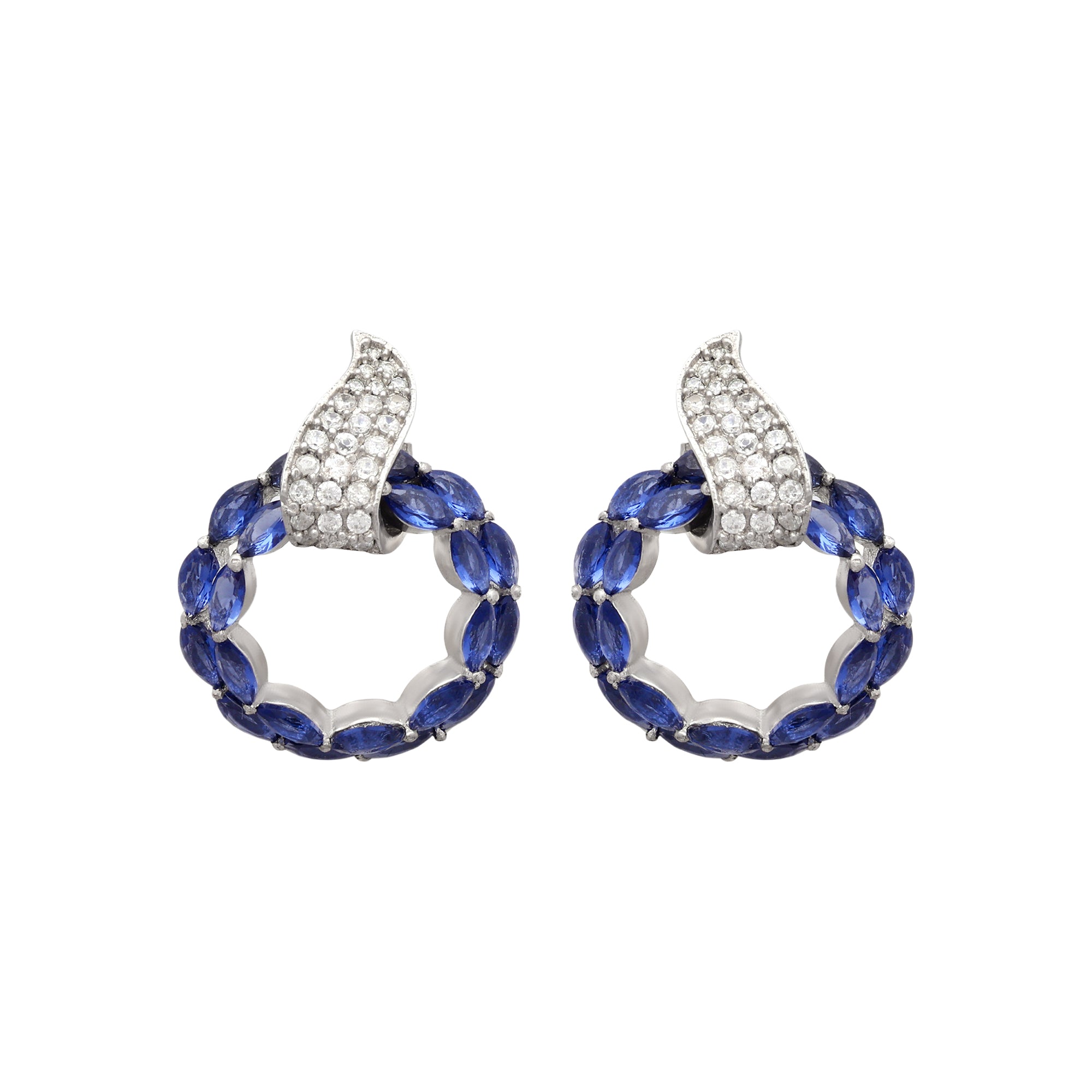 925 Sterling Silver Blue Stone Circle Stud Earrings with CZ Accent | Elegant Designer Earrings for Women
