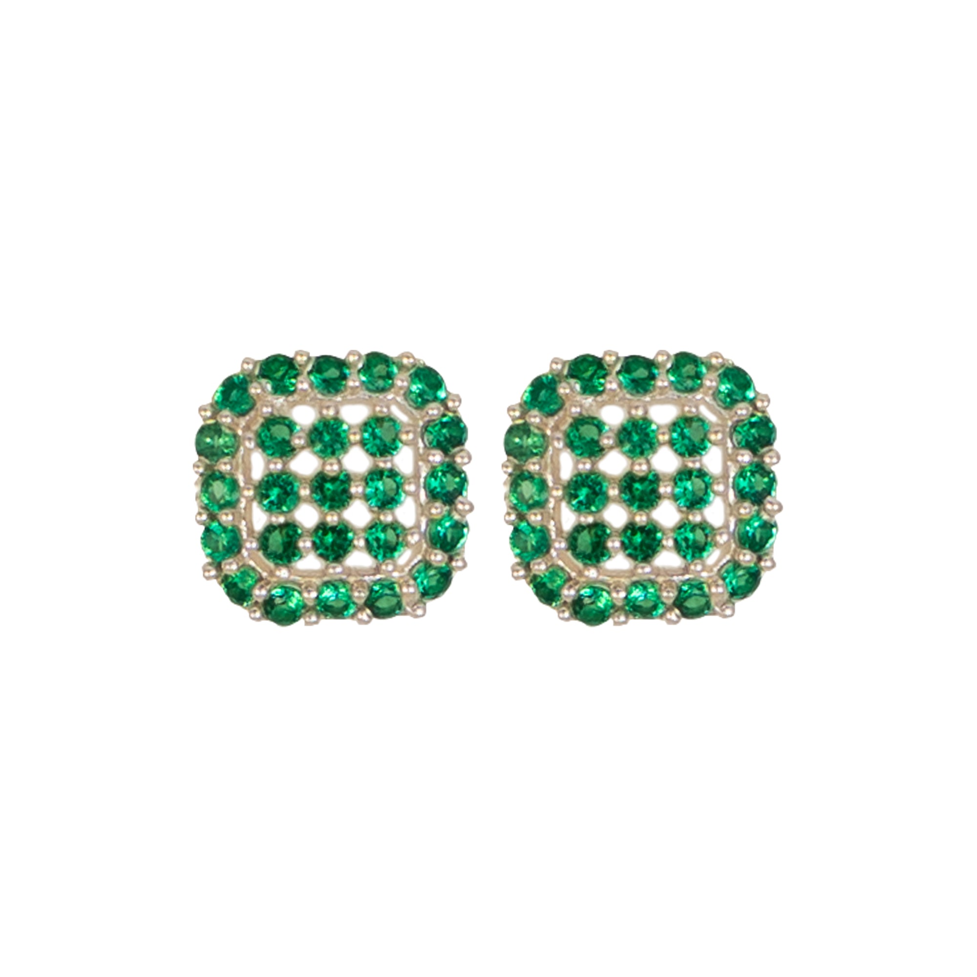 Emerald Green Square Stud Earrings in 925 Sterling Silver | Pave Crystal Studs
