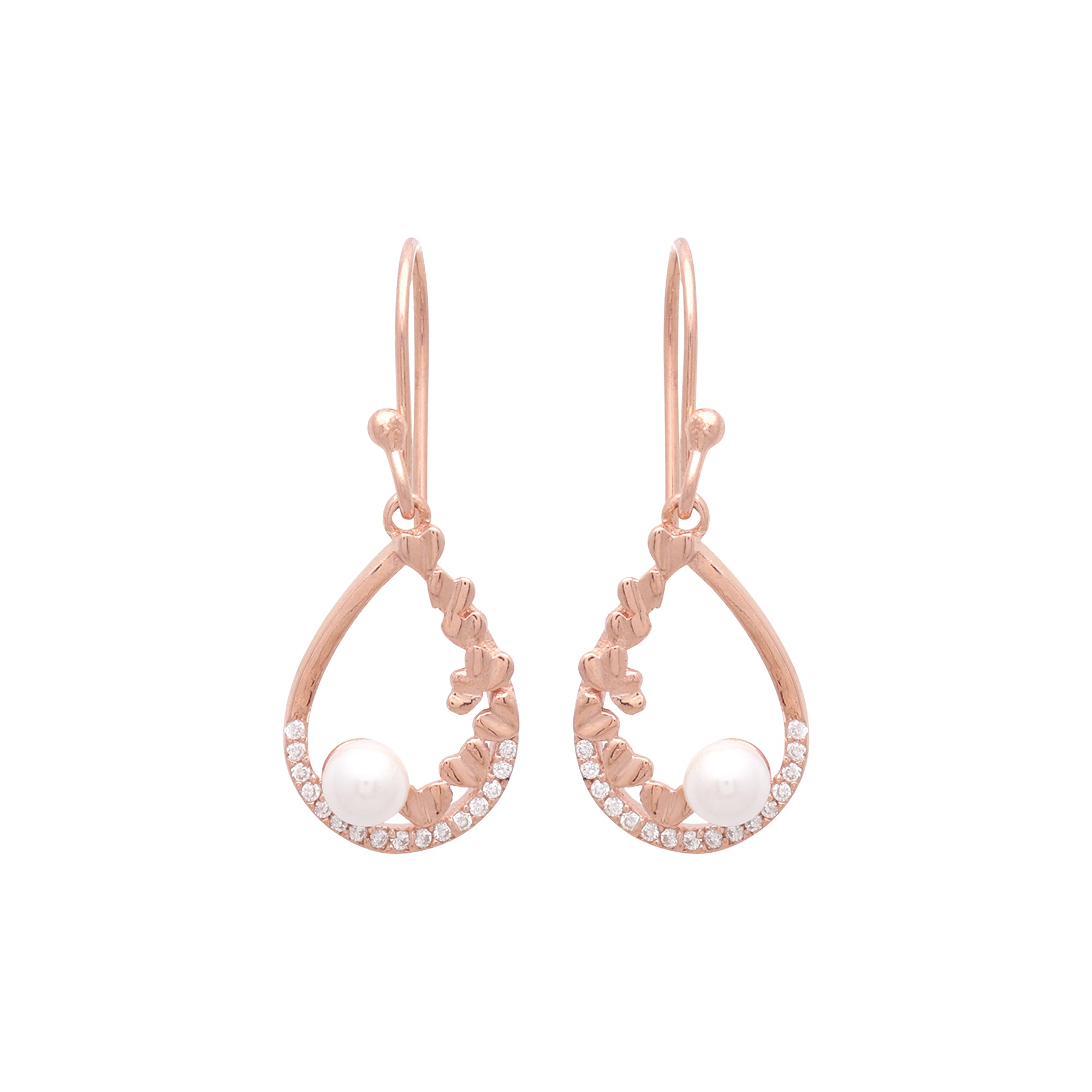 925 Sterling Silver Rose Gold-Plated Teardrop Pearl Drop Earrings with Crystal Accents