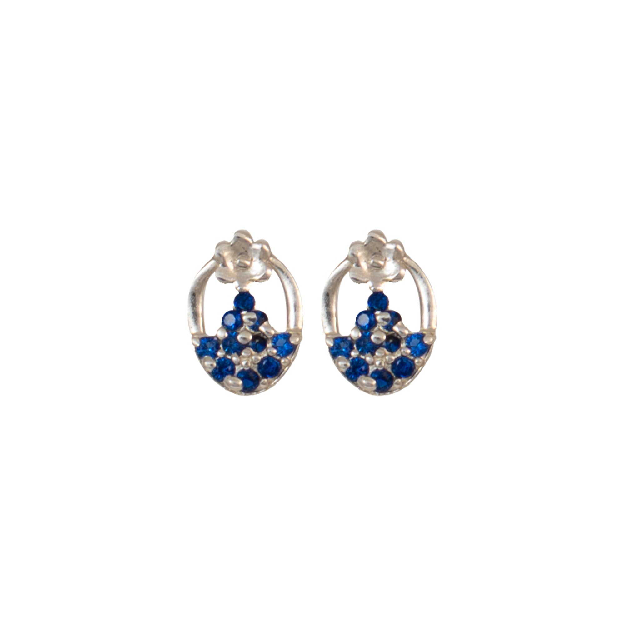 925 Sterling Silver Blue Crystal Oval Stud Earrings | Floral Accent Design