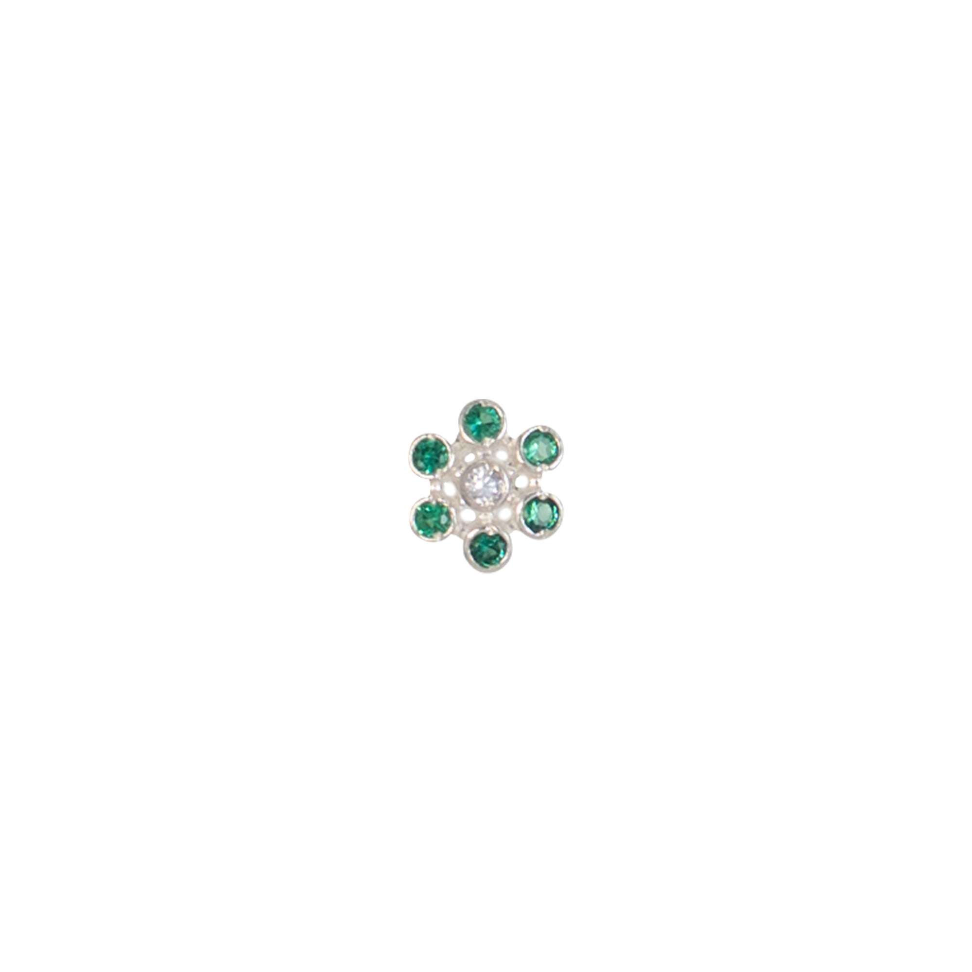 Sterling Silver Nose Stud, Flower Design with Green and Clear Stones