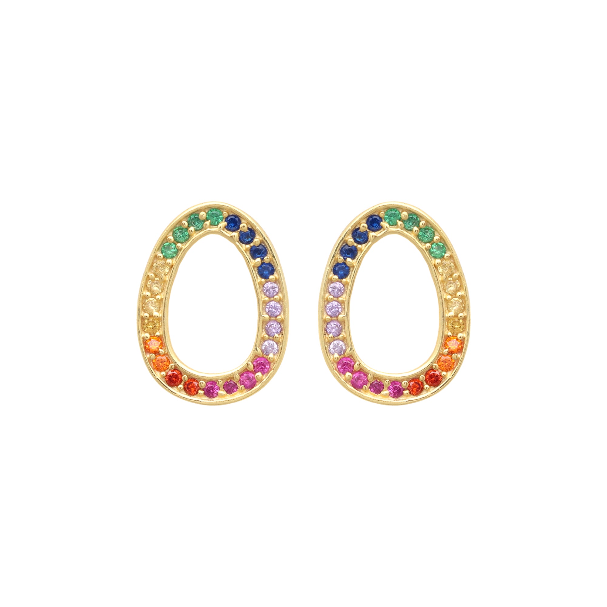925 Sterling Silver Gold-Plated Oval Stud Earrings with Multicolor Stones