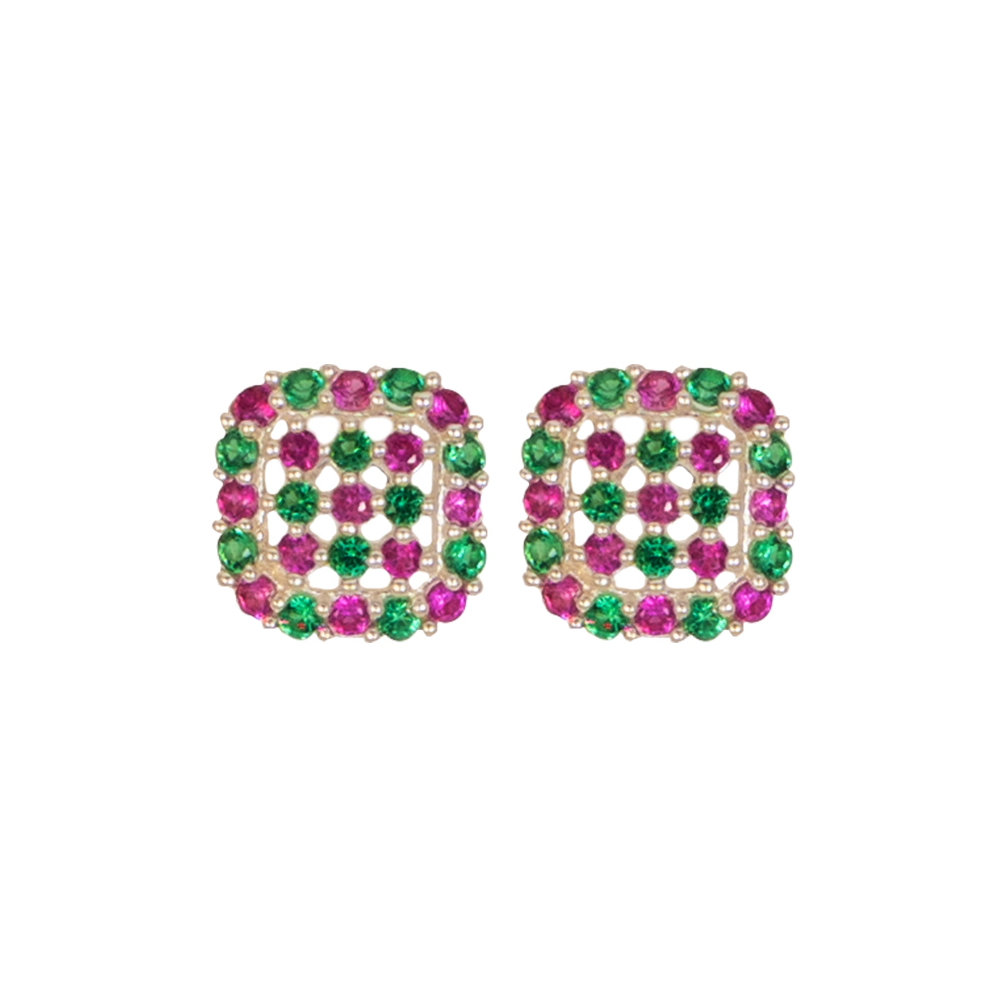 S925 Sterling Silver Multicolor Square Stud Earrings with Pink & Green Stones