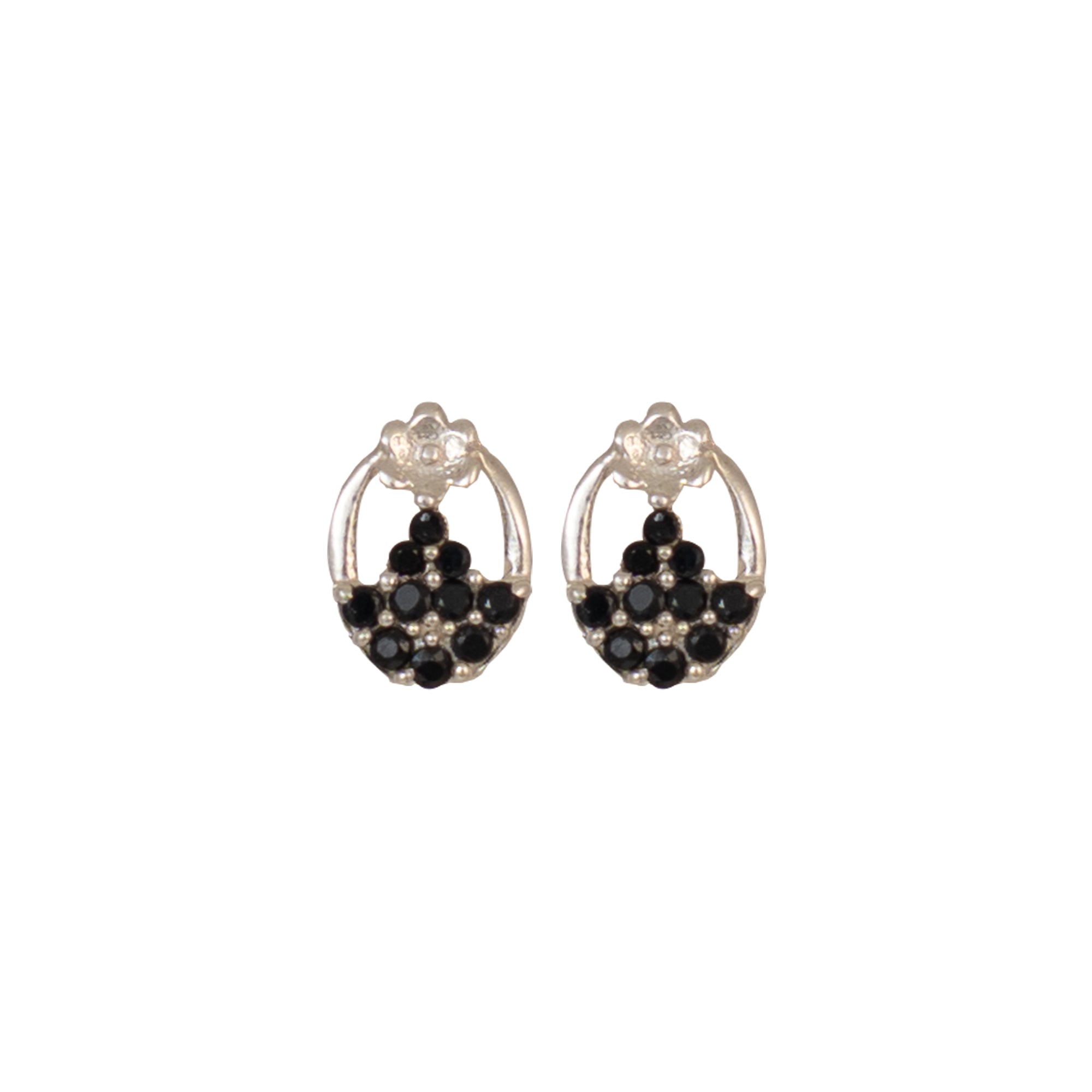 925 Sterling Silver Black Crystal Oval Stud Earrings | Elegant Floral Accent Design