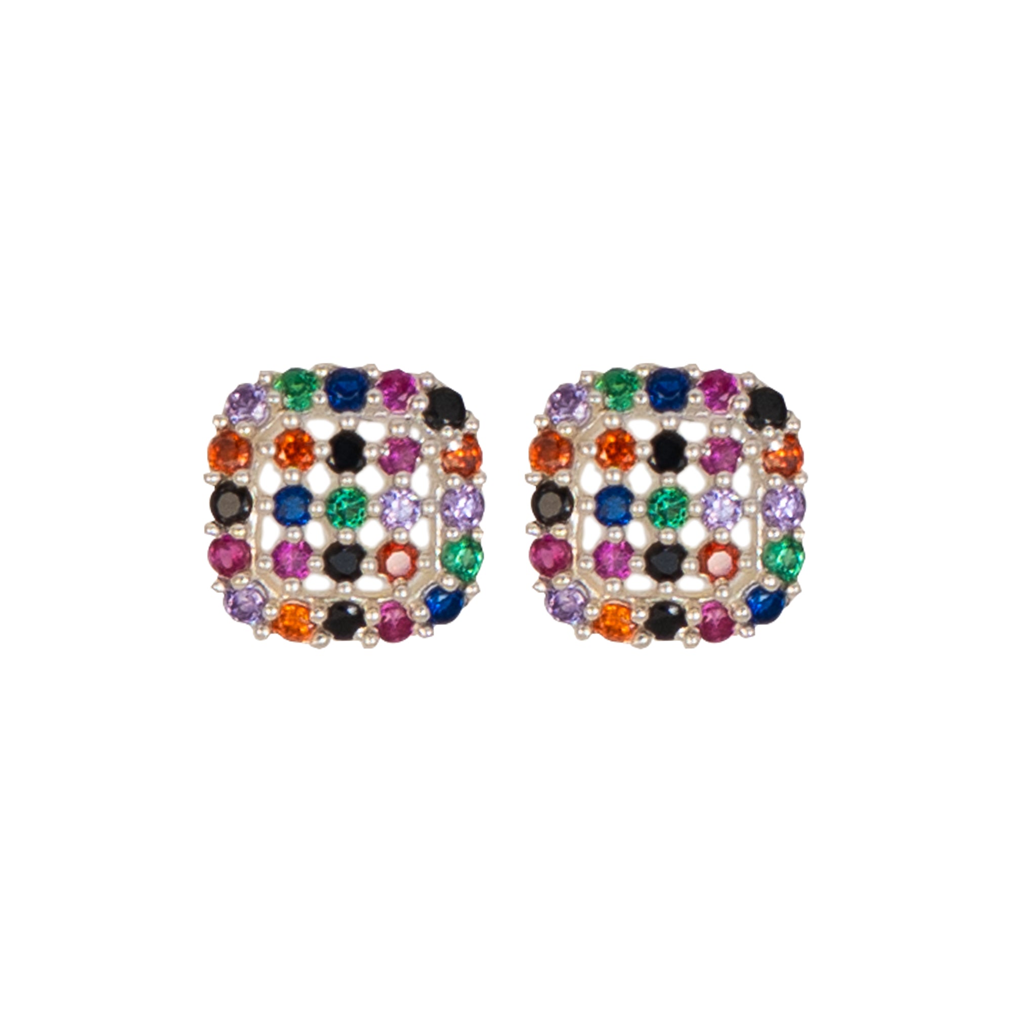 925 Sterling Silver Multicolor CZ Square Stud Earrings for Women | Rainbow Pavé Design